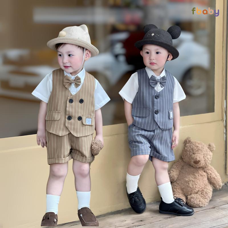 Set Bộ Gile Cộc Kẻ 4 Khuy Fbaby Kèm Áo Sơ Mi, Nơ Mặc Đi Tiệc, Sinh Nhật Hàng Thiết Kế Cao Cấp