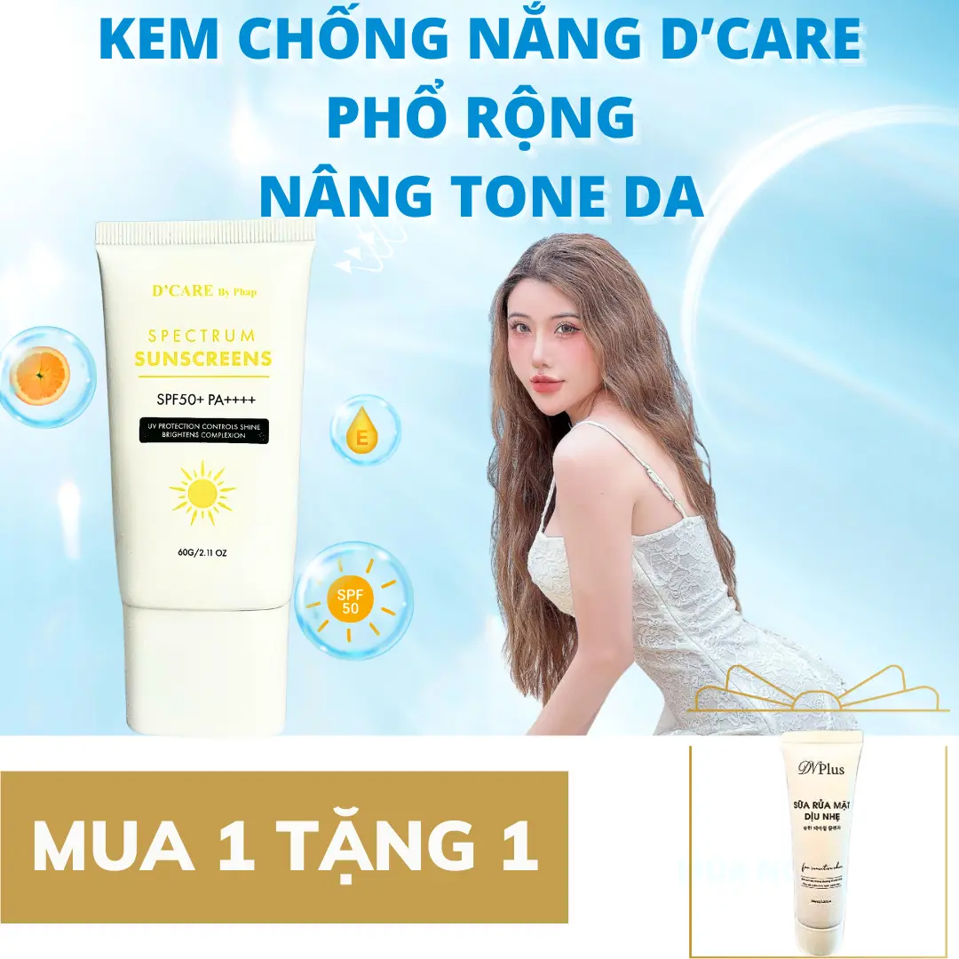 (Chống nắng Vật Lý phổ rộng nâng tone da D'CARE) Kem chống nắng D'Care Spectrum Sunscreen SPF 50+/PA++++ 60g tặng kèm sữa rửa mặt 30ml