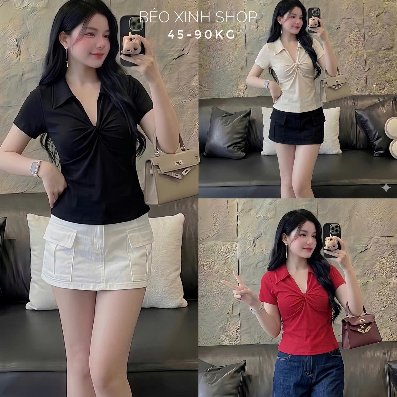 Thời Trang Bigsize Áo Thun Polo Cổ V Phối Xoắn Ngực Thanh Lịch Vải Thun Tăm Bigsize Từ 45 - 90Kg Dễ Thương Top Nữ Women - A.1546