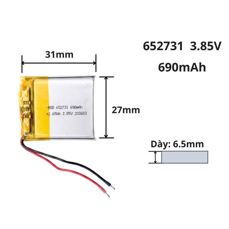 Pin sạc 3.85V 652731 690mAh cho tai nghe ,Loa ,đồng hồ thông minhx1cv1xvx21x10v