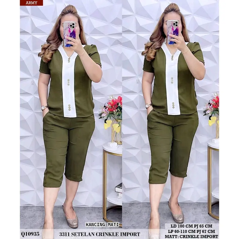 One Set Crinkle Airflow Terbaru//Setelan Crinkle Kombinasi Pendek Lengan pendek  Ruffle Wanita Nyaman Baju Celana 4