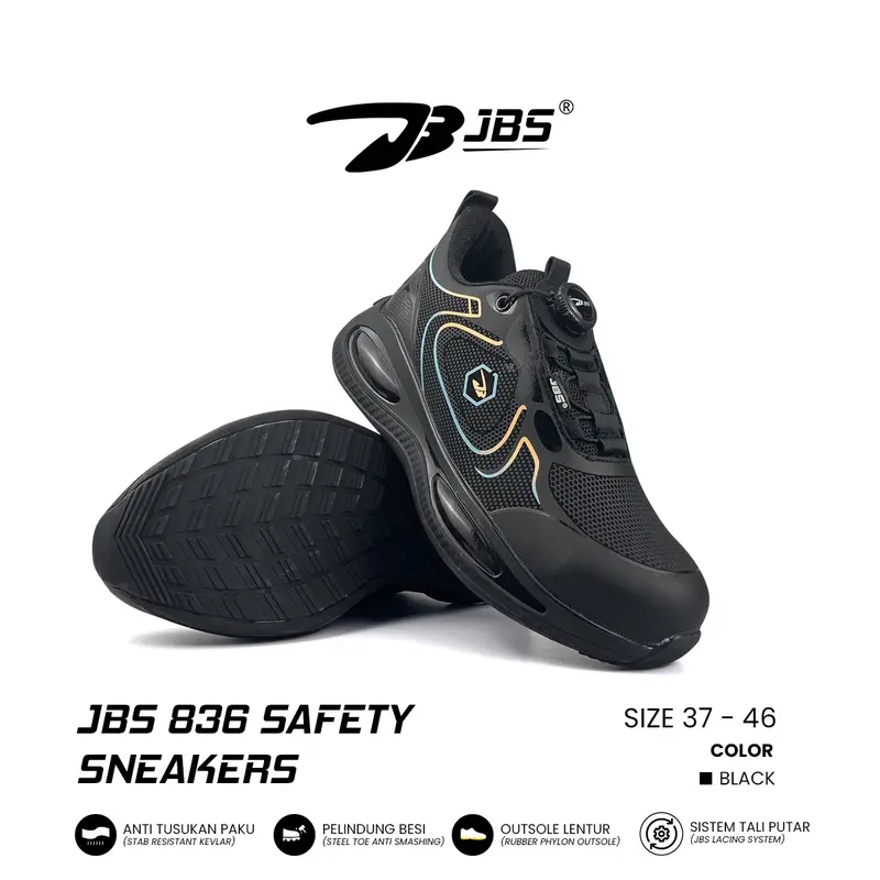 Sepatu Safety Sneakers JBS 836 Steel Toe Cap Tali Putar Sepatu Kerja Lapis Kevlar Anti Tusukan Paku Merah Black High Shoes 6