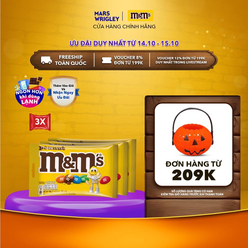 Combo 3 gói kẹo Socola đậu phộng M&M 180g socola