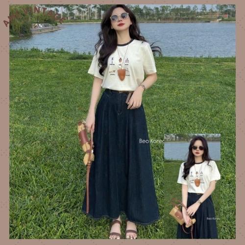 [ĐỦSIZE 38-70kg]TẶNG DÂY LƯNG Set Áo Trắng Hoạt Hình Phối Chân Váy Jean Dài