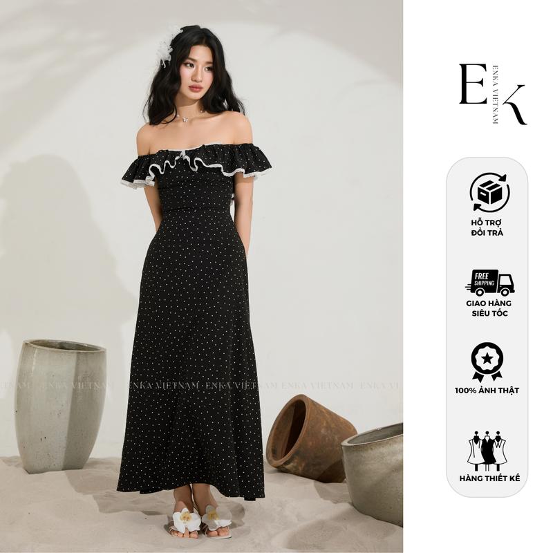 Váy dự tiệc váy chấm bi (có mút) EMILY dress - [2] váy trễ vai nữ nhẹ nhàng hở lưng cột nơ cánh bướm viền bèo tiểu thư, đầm lụa maxi trễ vai mặc 2 kiểu sang chảnh váy nữ đi chơi đi biển mùa hè váy tiểu thư xinh - ENKA VIETNAM
