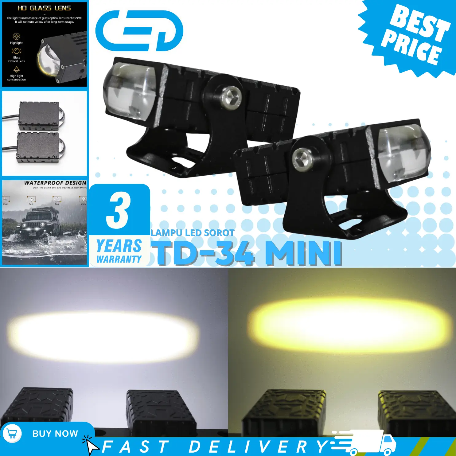 【CED】LAMPU LED SOROT VARIASI MOTOR MOBIL TD-34 MINI AUTOLUME | SUPER TERANG 2600 LUMEN | HIGH POWER | WATERPROOF IP67  | GARANSI 3 TAHUN
