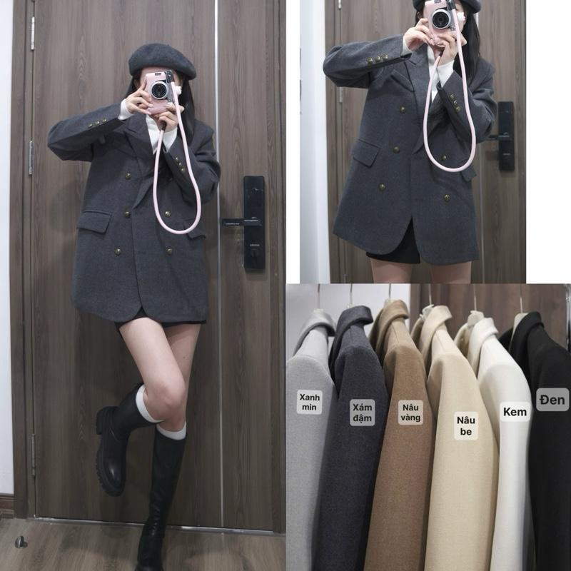  D8- Áo khoác DẠ BLAZER khuy đồng chần bông form suông rộng,phong các hàn Nữ Jacket Top Women 