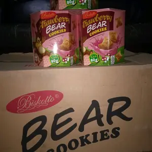 Biscolatto Bear Cookies Strawberry 80g -1dus isi 24. Kue Kering Rasa Strawberry dan coklat dengan Bentuk Beruang yang Menggemaskan