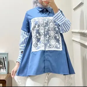 Atasan kemeja wanita//atasan blouse wanita terlaris//atasan blouse salur kombinasi brukat//atasan wanita viral
