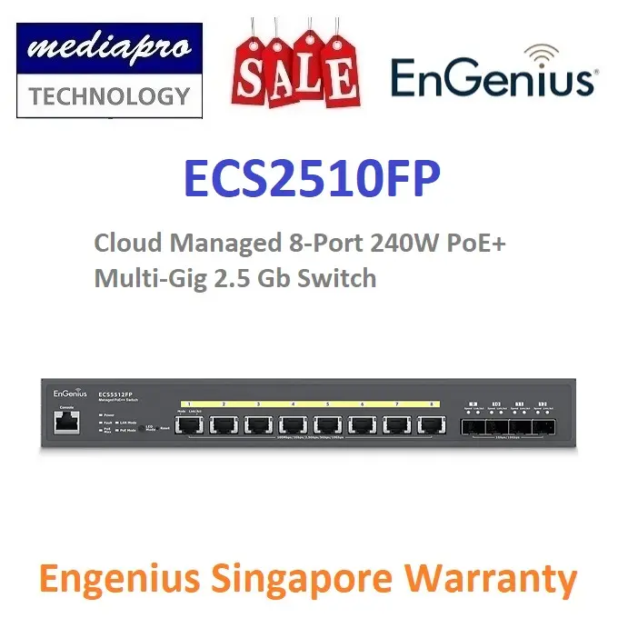 EnGenius ECS2510FP Cloud Managed 8-Port 2.5G PoE+ and 2-Port 10G SFP+ uplink with 240W budget - 3 Years EnGenius Singapore Warranty