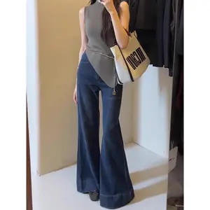 lulu-jeans Dark Highwaist Celana Cutbray Jeans Wanita Biru tua Import--Denim melar,Panjang