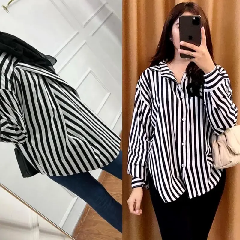 Kemeja Wanita Motif Silang Belakang Stripe Garis Salur Bahan Polly Rayon 0