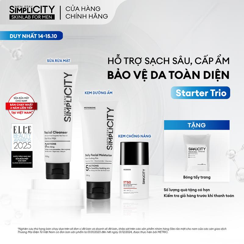 [MỚI] Bộ sản phẩm cho nam hỗ trợ làm sạch, dưỡng ẩm, chống nắng tối ưu Men Stay Simplicity Starter trio gồm: Sữa rửa mặt, Kem dưỡng ẩm, Kem chống nắng 20ml