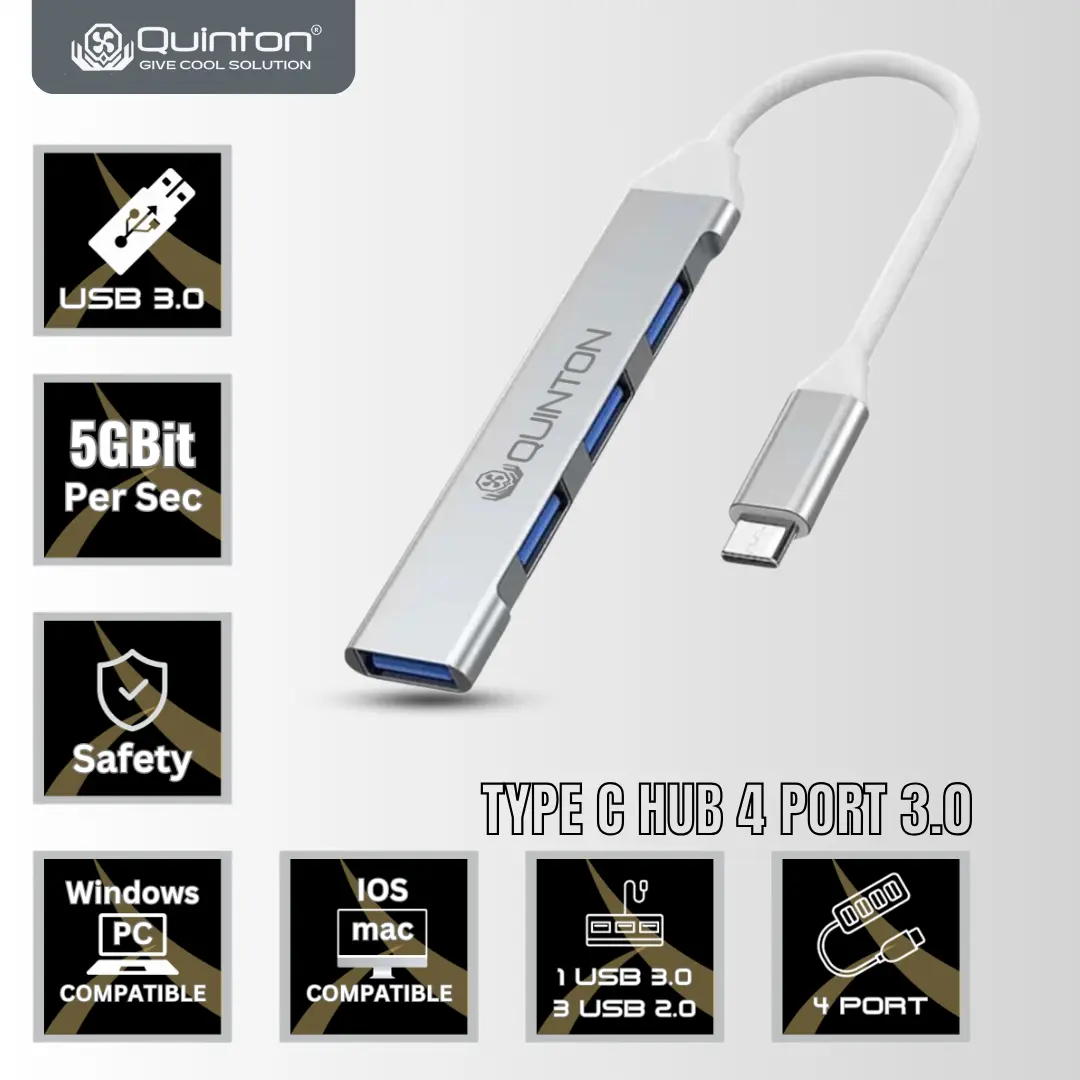 Quinton Type C HUB 3.0 to USB Hub 4 port Adapter for Macbook Laptop OTG smartphone Aluminium silver computer laptop Multifungsi