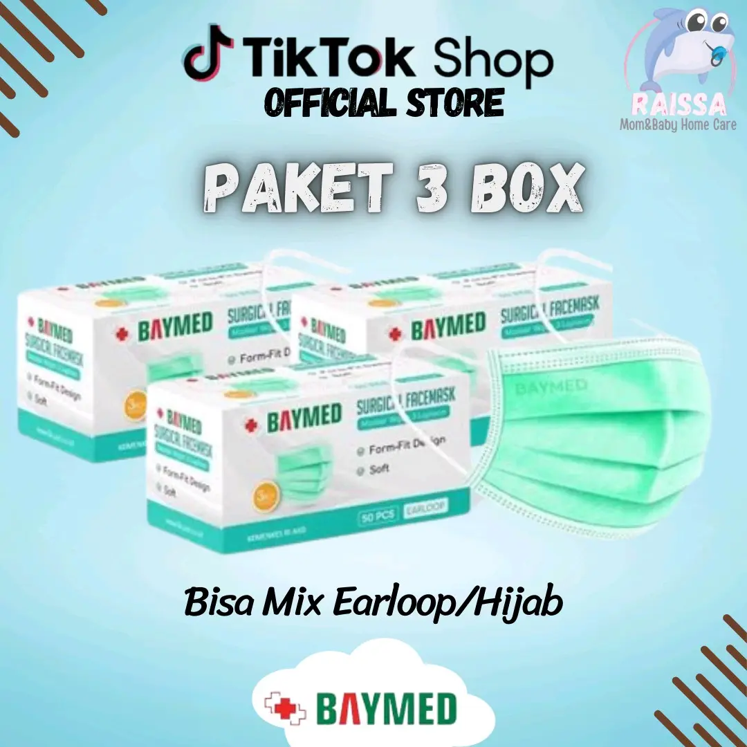 [PAKET 3 BOX] Masker Medis Isi 50 Hijab Earloop Baymed 3 Lapis
