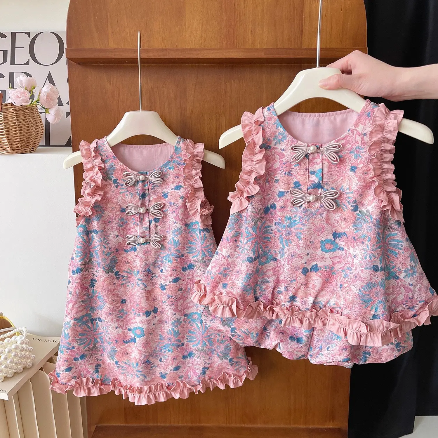 [KIDSFASHIONKOLEKSI] Dress & Setelan Celana Balon Anak Perempuan Bunga Pink Taffy