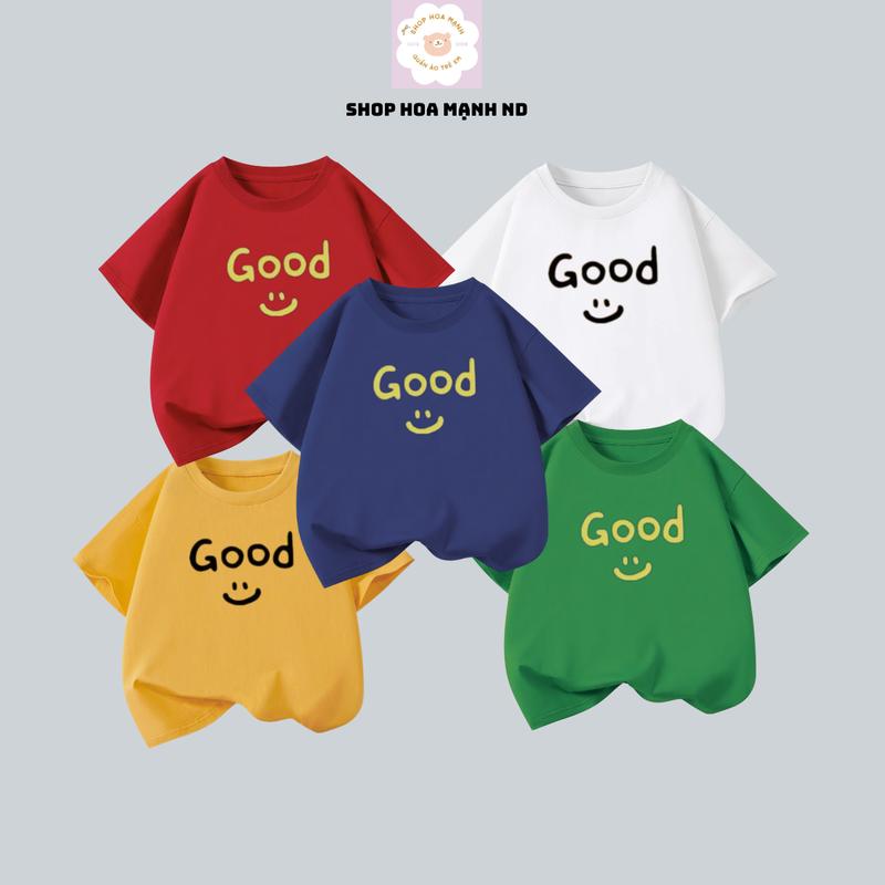 Áo phông trẻ em hot trend mùa hè, áo phông cho bé trai và bé gái họa tiết GOOD mặt cười chất liệu cotton thoáng mát , size 8-30 kg