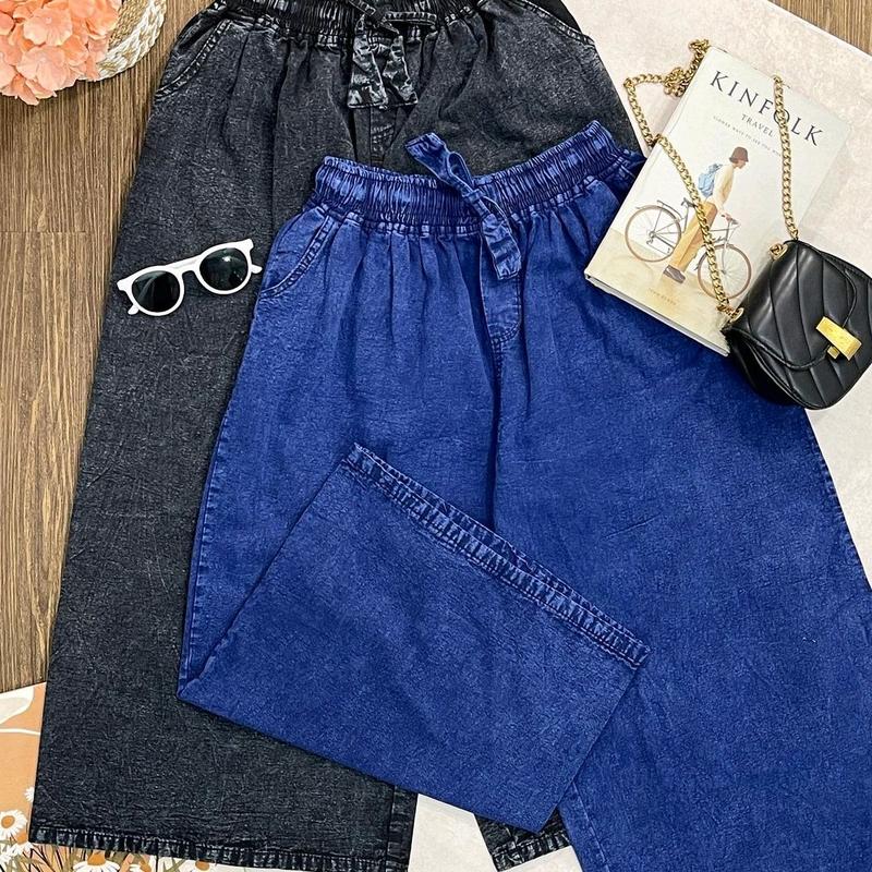 KULOT JEANS JUMBO [ M L XL XXL ] SNOW TALI SERUT | KULOT LIPAT JEANS PINGGANG FULL KARET | CELANA KULOT JEANS SNOW TALI SERUT  Celana Panjang Wanita Dewasa 2
