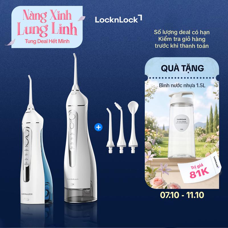 Máy tăm nước không dây LocknLock Cordless Oral Irrigator (200ml và 300ml) - (Màu xanh hoặc xám) - ENR156BLU - Bảo hành 12 tháng về lỗi pin& ENR166GRY - 4 chế độ phun, Bình chứa tháo rời, Cổng sạc USB