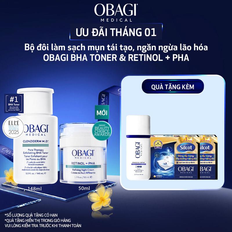 Bộ đôi Kem Dưỡng Sáng Mịn Da Obagi Medical Retinol + PHA Refining Night Cream 50ml và Dung Dịch Trị Mụn Clenziderm M.D. Pore Therapy Exfoliating BHA Toner 148ml