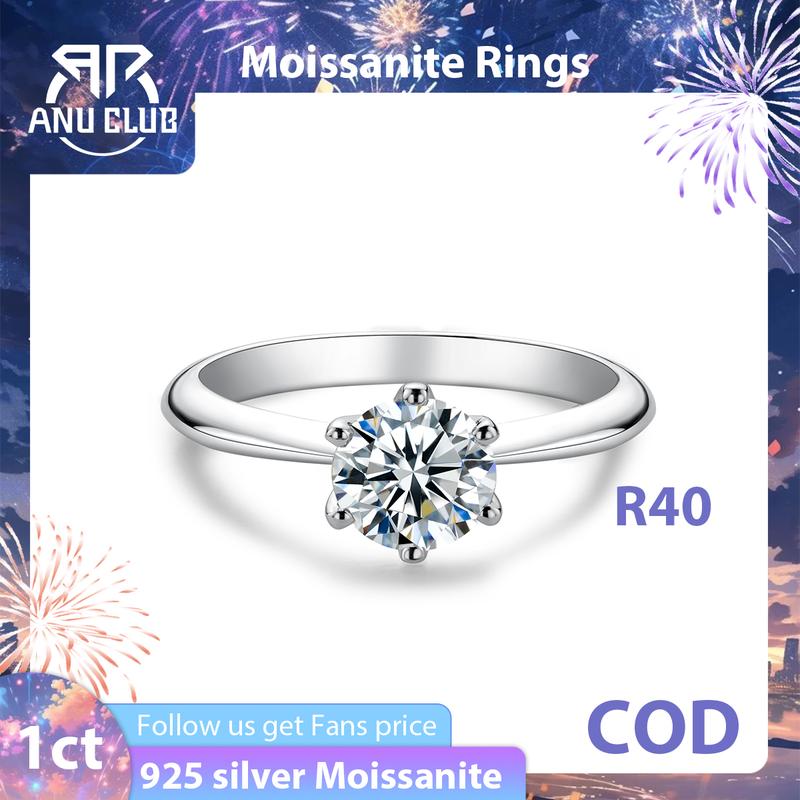 AnuJewelry R40 Moissanite Sáu Chấu, 100% Legit, Bạc Sterling 925 Ý, Cắt Tròn, Màu D, 0.5 / 1 / 3CT Đá, Nhẫn Đính Hôn Solitaire, Dành Cho Phụ Nữ, Trang Sức Eman, [Thanh Toán Khi Nhận Hàng] 1