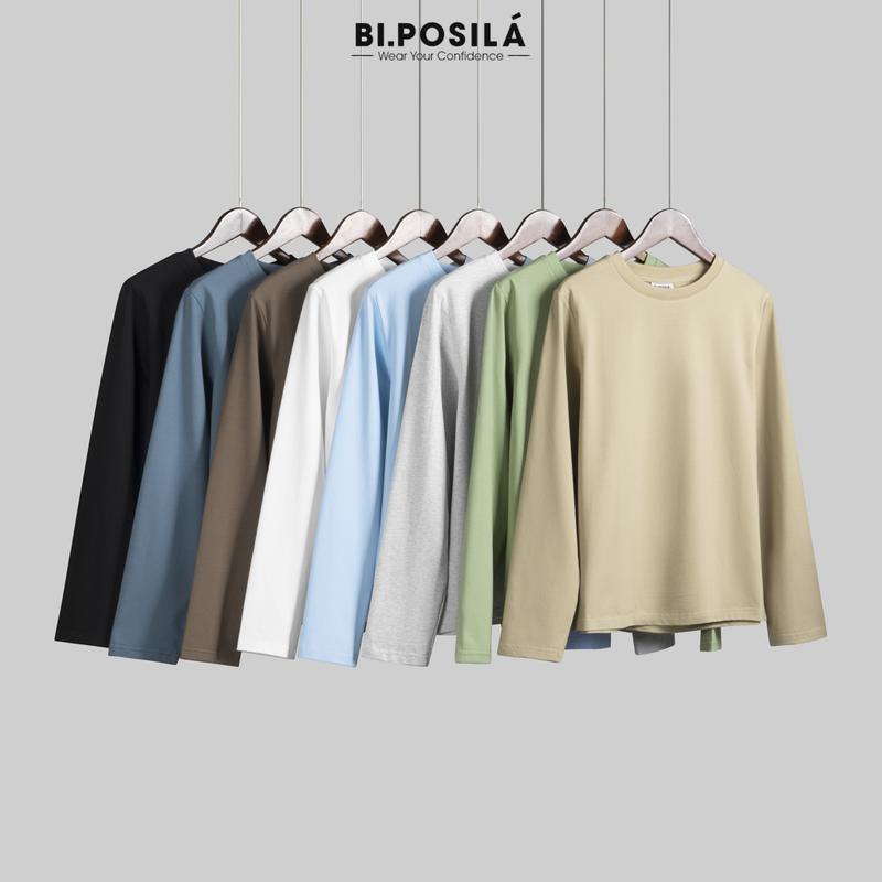 Form rộng vừa BI.POSILÁ ÁO THUN RỘNG VỪA BASIC CỔ TRÒN DÀI TAY VẢI COTTON CO GIÃN 4 CHIỀU MỀM MỊN THOẢI MÁI SIZE S M L XL CHO NỮ