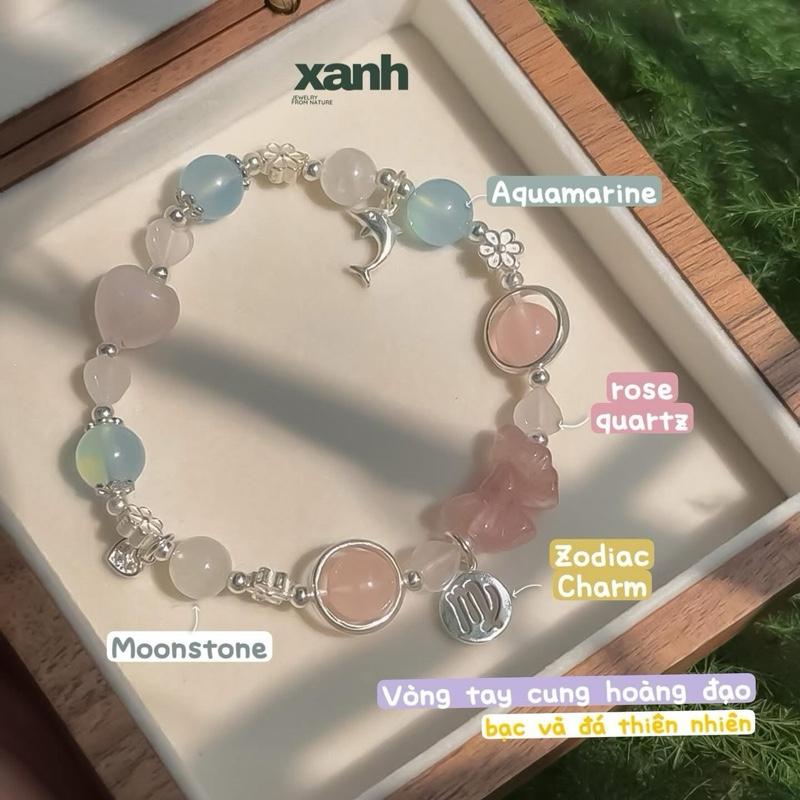 Vòng tay cung hoàng đạo phối đá thiên nhiên aquamarine thạch anh hồng charm nơ thạch anh dâu tây dễ thương xinh xắn quà tặng ý nghĩa - Xanh Jewelry