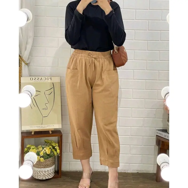 CELANA7/9 CRINGKEL LINEN Panjang Katun Karet Lembut Nyaman Wanita Kain Standar Fit Formal celana jumbo 8