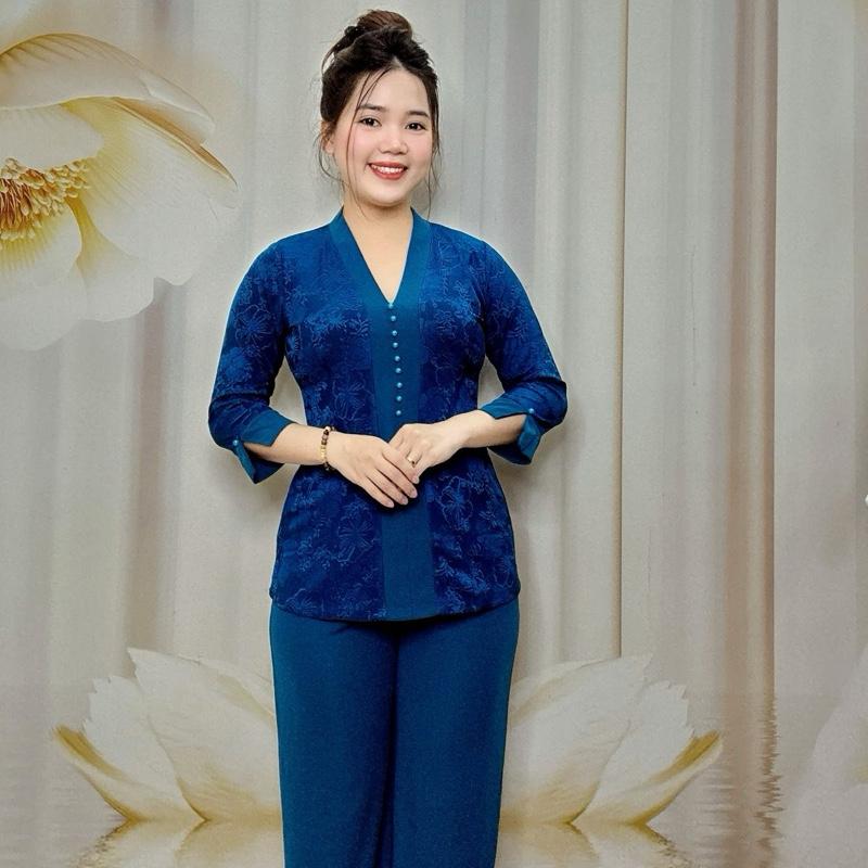A91 Đồ bộ bà lai nữ trung niên Áo thun tằm nhiệt đới quần ống suông thun solen Hàn thương hiệu Hải Sơn Women