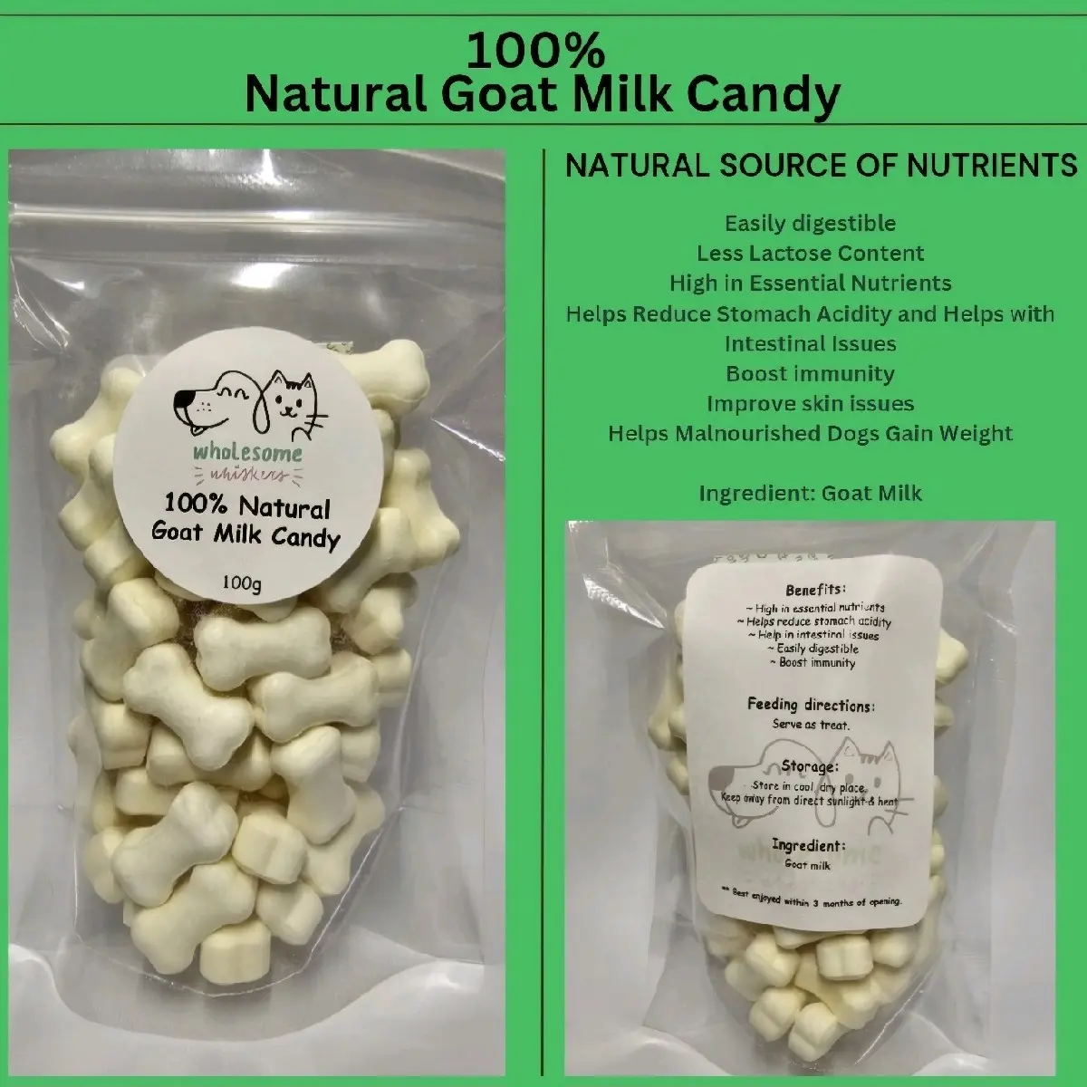 Wholesome Whiskers Goat's Milk Candy for Dogs and Cats - 100g