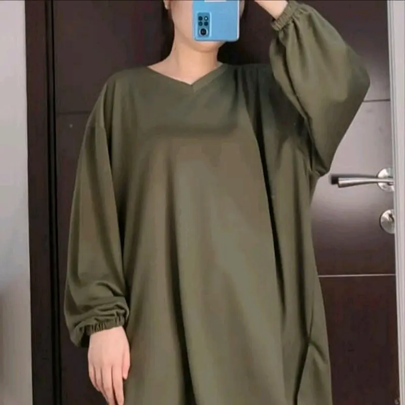 FL / Lengan Panjang Karet Atasan Vneck Center Ld 130-140 cm / Atasan Vneck Center Lengan Panjang Karet Vneck Center Hijab Friendly Wanita Polos 0