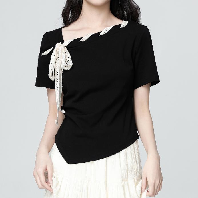 【ARCG】Kaos oblong pendek hitam slim fit untuk wanita seksi gaya street style Ikat pita simpul kupu-kupu 【ARCG】Kaos oblong pendek hitam slim fit untuk wanita seksi gaya street style Ikat pita simpul kupu-kupu