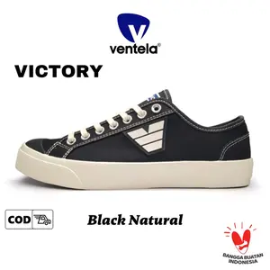VENTELA VICTORY Low Black Natural  Casual Sneakers Pria Wanita Canvas Karet Kasual Shoes Hitam Slip Resistant Casual Trainers