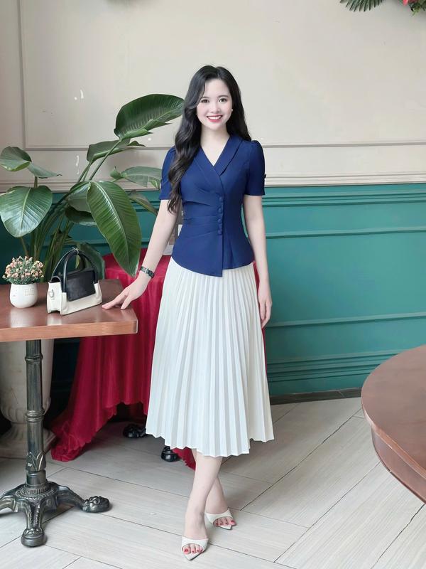 Áo nữ KHÔNG KÈM VÁY thiết kế Nhật Vy cổ tim tay ngắn nhún eo bigsize chất lụa công sở văn phòng dự tiệc màu đen trắng xanh đen xám nâu hồng - D3285