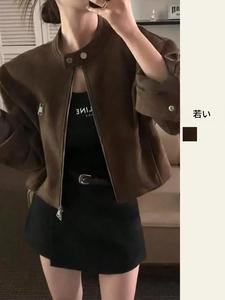 韓国chic秋ヴィンテージスタンドカラージップポケットゆったり万能短丈ジャケットコート女性用