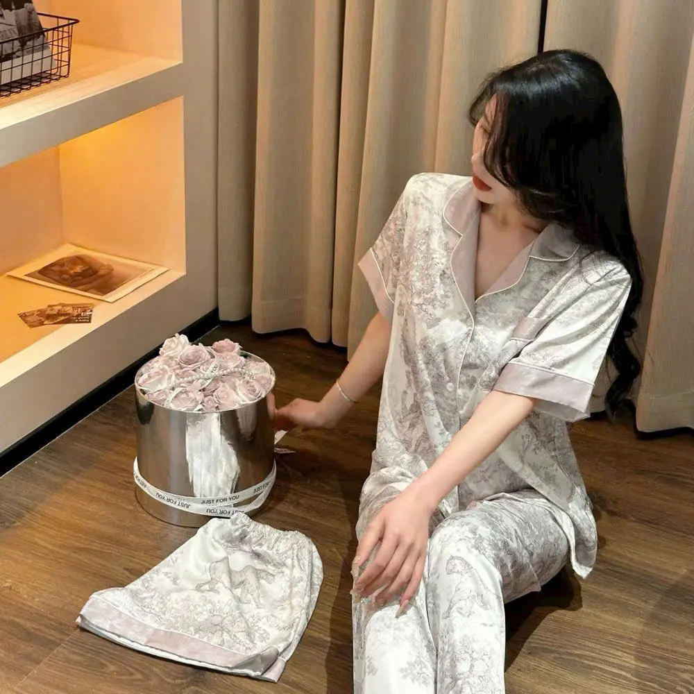 N209- Sét 3 món lụa cao cấp hoạ tiết đi o núi rừng cao cấp - Bộ đồ ngủ mặc nhà hàng quảng châu đơn giản cho women