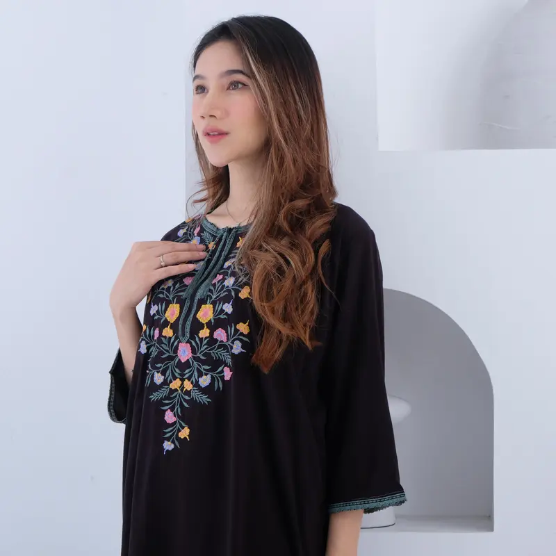 Daster Bordir Oneset Setelan Lengan Panjang Jumbo Busui Friendly Katun Rayon Premium Wanita Lembut Nyaman Piyama Santai Tidur Baju Celana baju  tidur 2