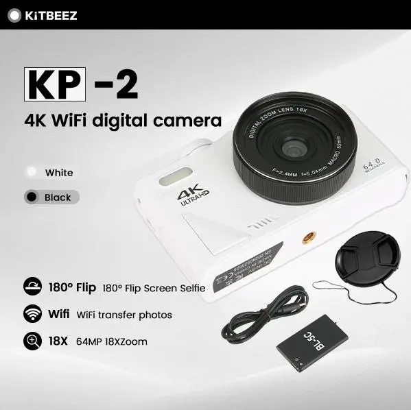 【KiTBEEZ KP-2】4K WiFi Digital Camera Digital Camera 64MP WiFi Digital Camera 4K 18X Digital Zoom 180° Flip Screen Selfile Vlog Video Recorder-WD08