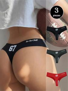 Pack de 3 Tangas para Mujer - Estampado '67' en Negro, Rojo y Verde | Sin Costuras y Corte Cómodo