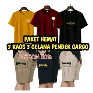 100 dapat stelan 3 celana cargo 3 kaos motif random distro premium Pria Pendek Dewasa Casual