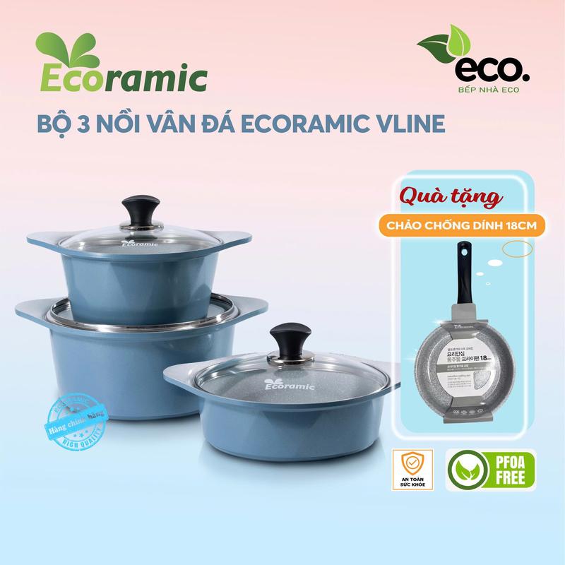 Bộ 3 Nồi Vân Đá Ecoramic Vline Đáy Từ – Chống Dính Ceramic - Dùng Cho Mọi Loại…