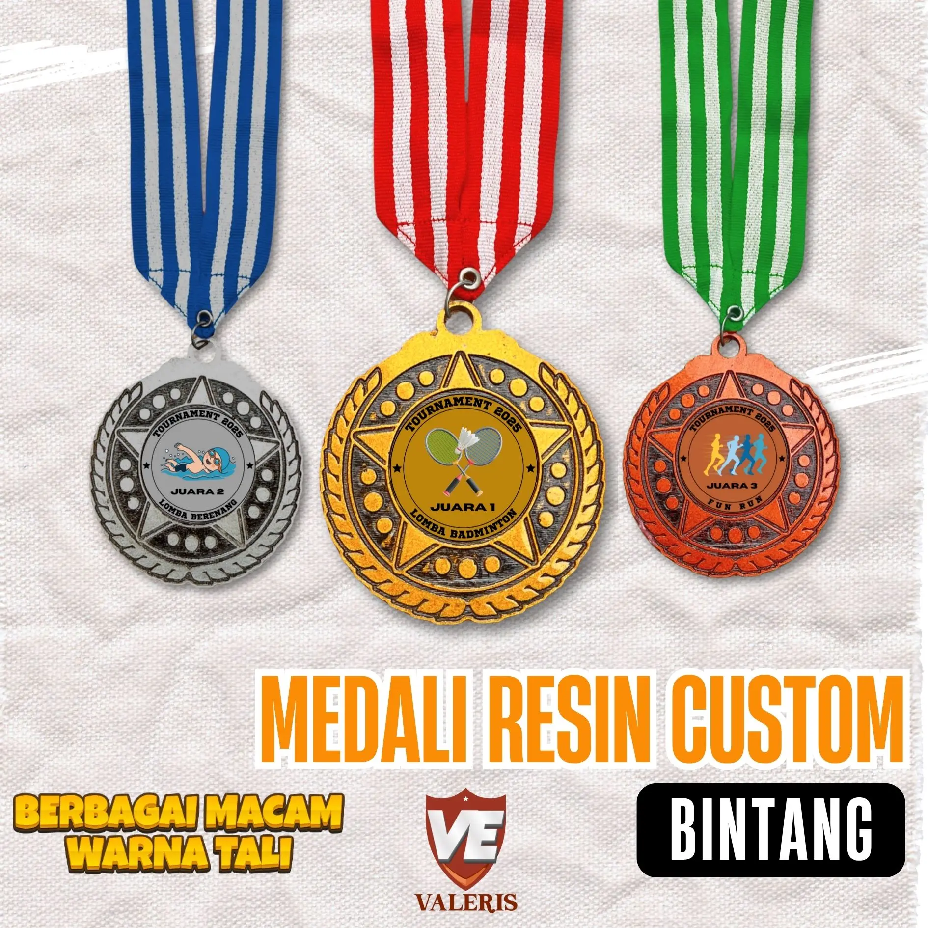 Medali Resin Custom Motif Bintang | Penghargaan Lomba, Wisuda & Kompetisi Olahraga | Kemerdekaan