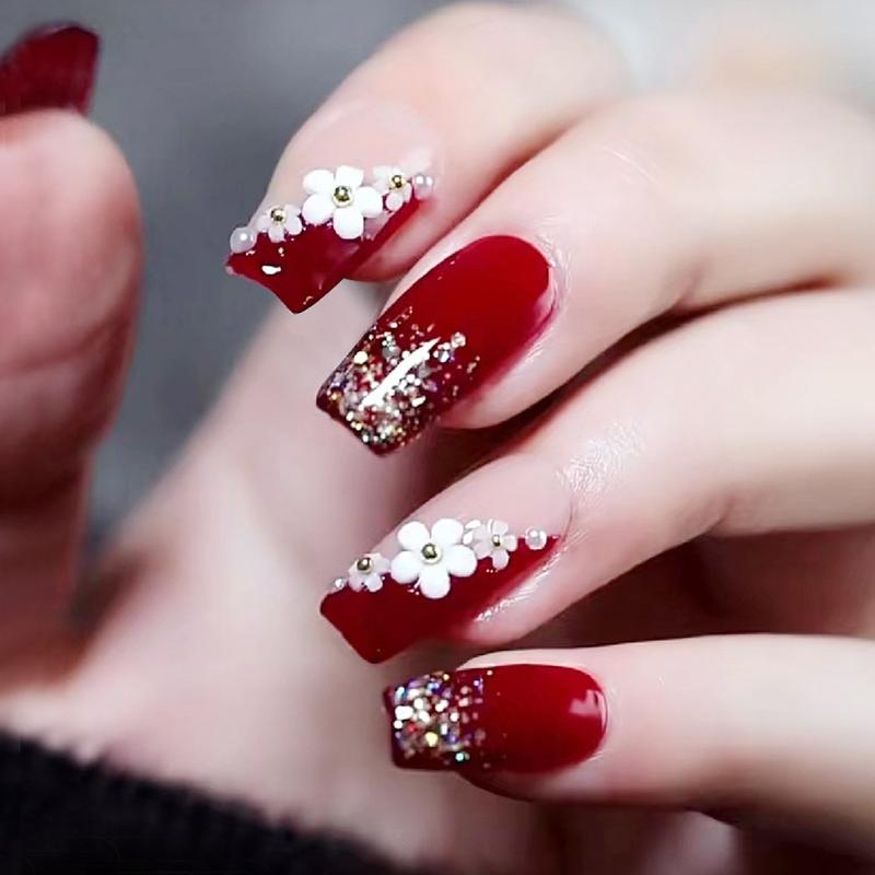 Móng Tay Giả, Màu Đỏ Rượu Vang Vang Cổ Điển Với Đồ Trang Trí Hoa Trà Ba Chiều Và Paillette Đầy Màu Sắc Móng Tay Giả Không Phai Màu Cho Bé Gái, Đồ Trang Trí Tay Đính Hôn 0