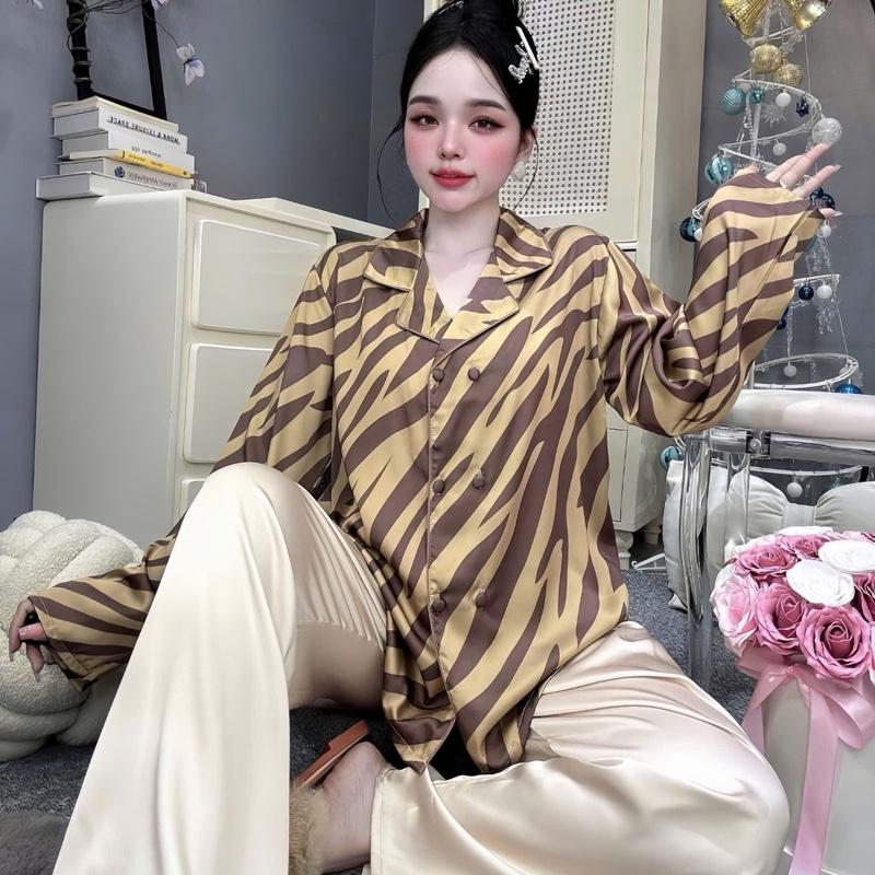Đồ bộ pijama lụa latin in hoạ tiết sọc vằn màu nâu quần kem sang trọng có bigsize đên 90kg