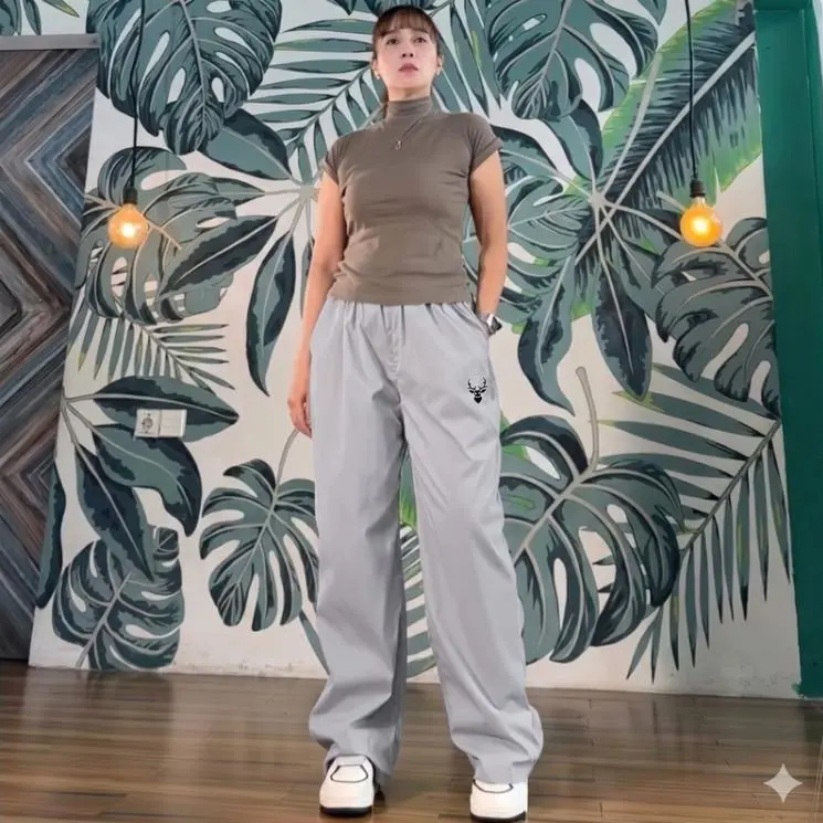 BatikAnanda -Unisex Celana Panjang Baggy Bordir Rusa/ Celana Panjang Wanita Highwaist Pinggang Karet Anti Kusut