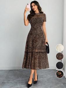 Vestido de malla con estampado de leopardo para mujer, elegante y sexy, con cuello redondo; estilo casual y a la moda, perfecto para fiestas y uso diario