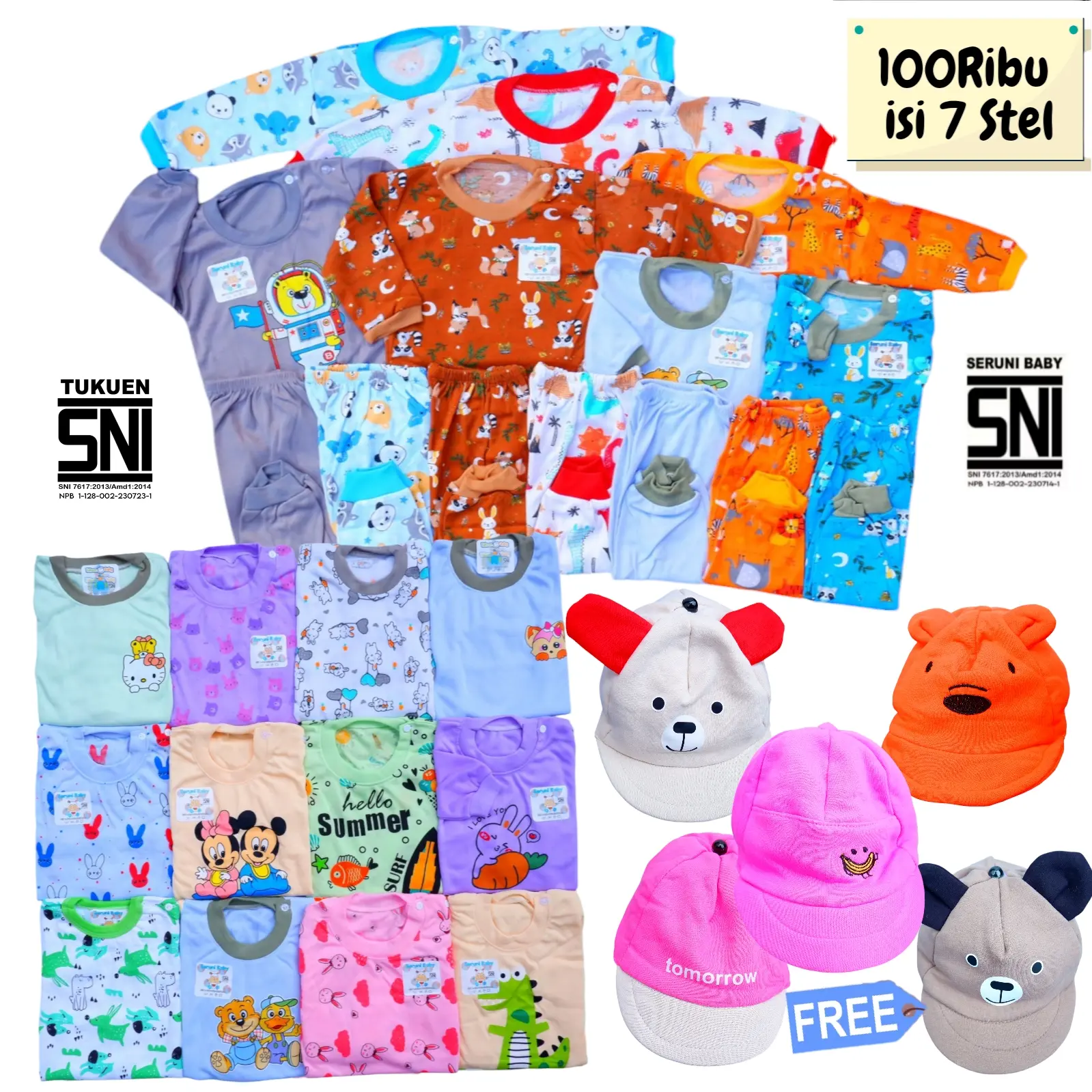 FREE TOPI ( ISI 6 - 7 STEL ) BAJU BAYI 0-12 BULAN MIX MOTIF Parsel Bayi Bunda Cewe Cowo
