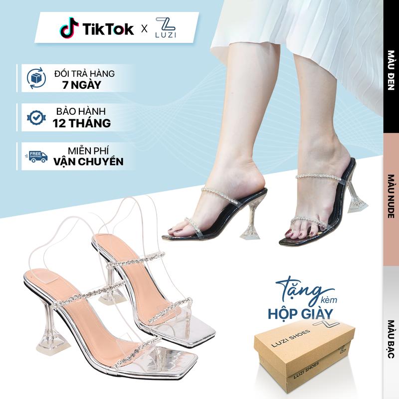   FULLBOX B1  Guốc cao gót nữ 2 dây mica đính đá gót ly cao 9p giày Sandal nữ 2 quai ngang đính đá sang chảnh đi tiệc cao 9p  DéP dép nữ đế cao trong suốt kiểu mới mang 2 kiểu đế Cao Su êm chân dễ mang Luzi Shoes   m79  
