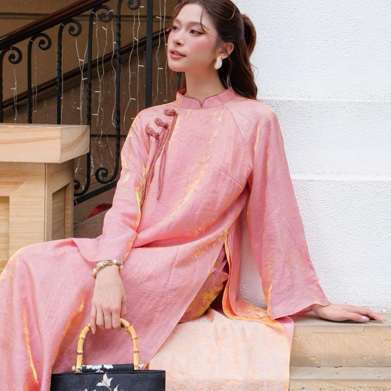 PETBYCHANG - Áo dài lụa tơ tằm ánh nhũ Hồng Nghi chất liệu mềm mỏng thướt tha size S M L thiết kế thủ công tỉ mỉ gam màu ngọt ngào phù hợp hiện đại