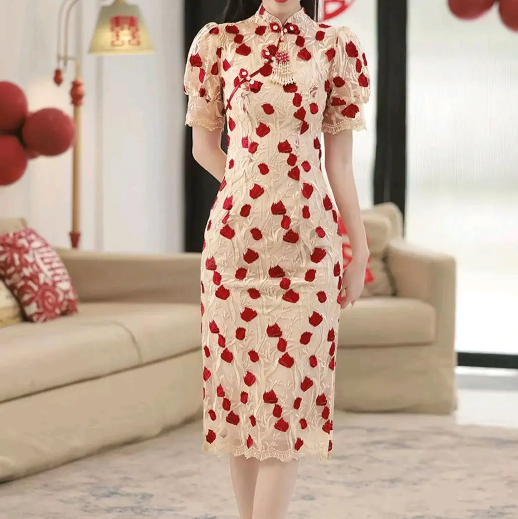 Red Queen Flower Embroidery Cheongsam Elegant Feminim Minimalist Korean Style